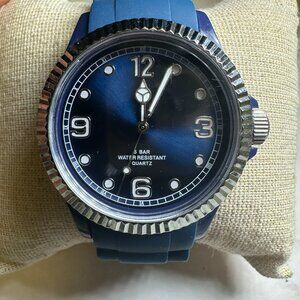 Sempre Watch Men Silver Tone Blue Silicone Band Fluted Bezel New Battery 9.5"